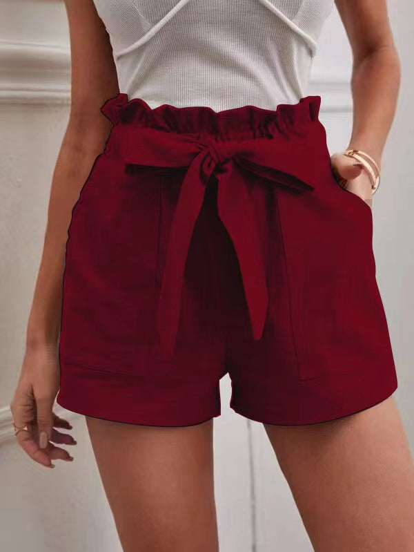 Women Casual Linen Solid Color Loose Pocket Shorts
