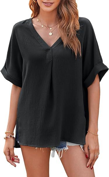 Blusa holgada informal de manga corta con cuello en V y color liso para mujer