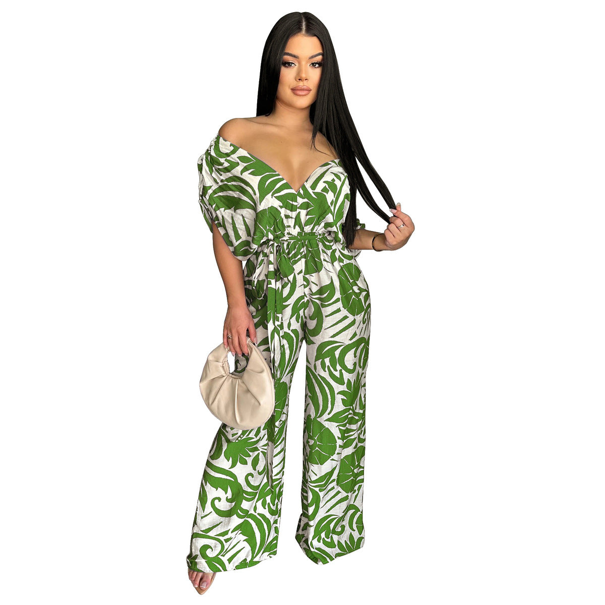 Women Fashion Casual Printed Bat Sleeve Backless Wide-Leg Jumpsuit