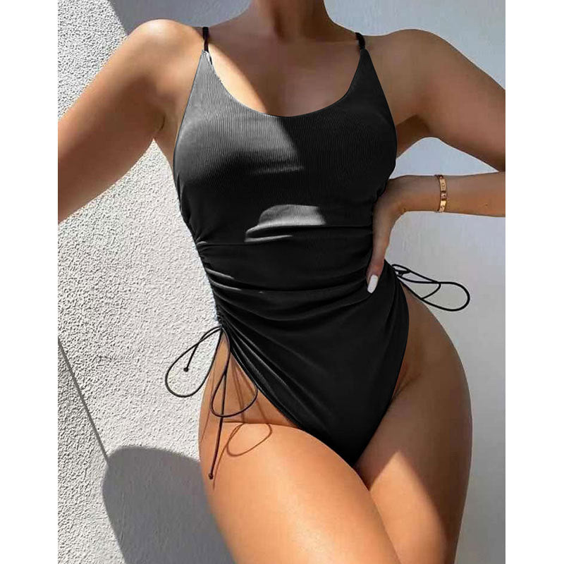Summer Women Beach Vacation Solid Color Drawstring Swimsuit