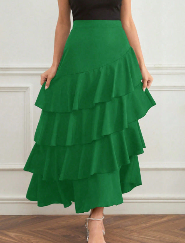 Women Fashion Casual Solid Color Ruffled High Waist Skirt