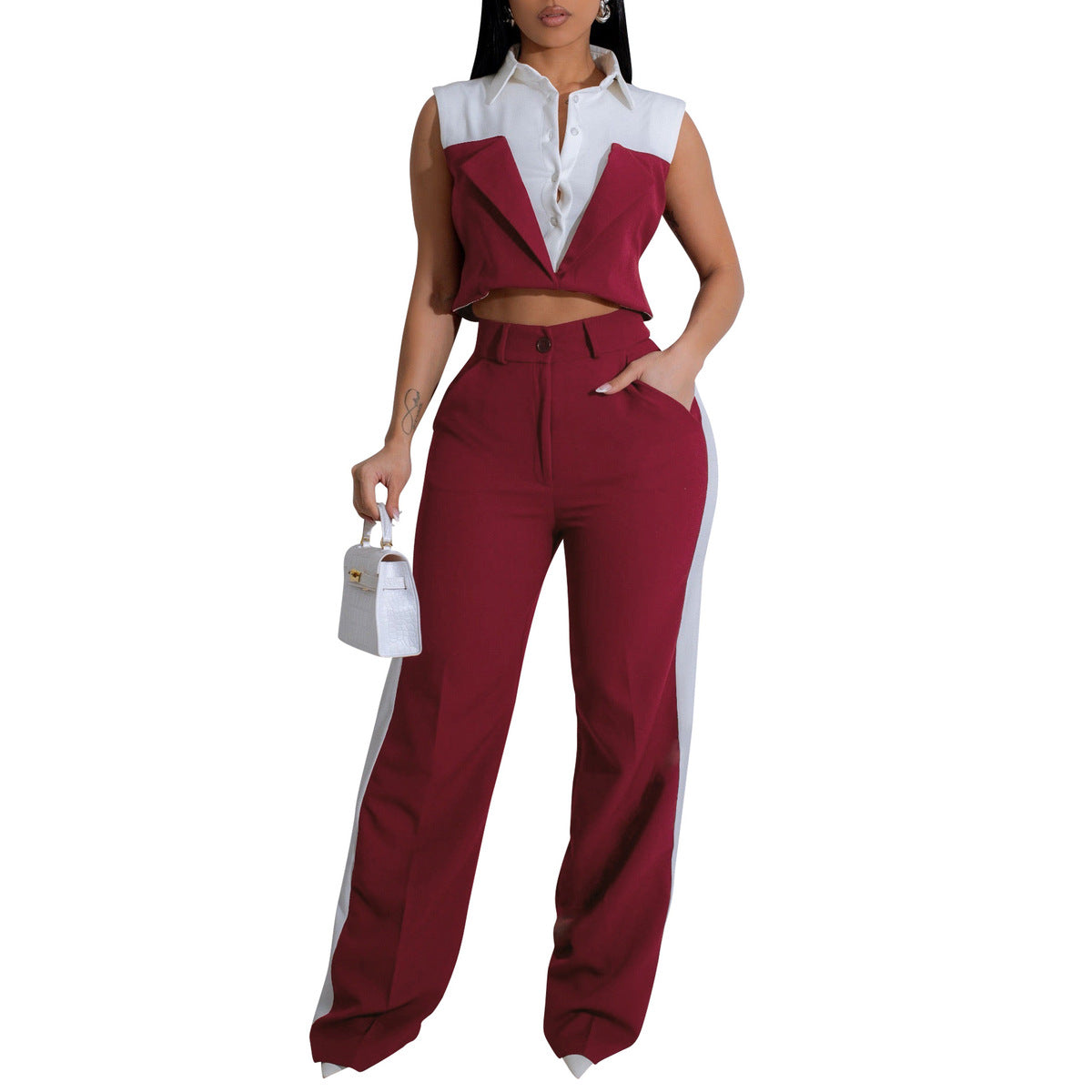 Women Sleeveless Color Blocking Shirt Pants Set Polyester Spandex