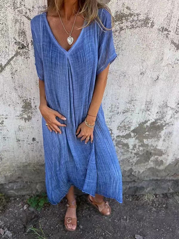 Vestido informal de verano para mujer, holgado, de algodón y lino con cuello en V
