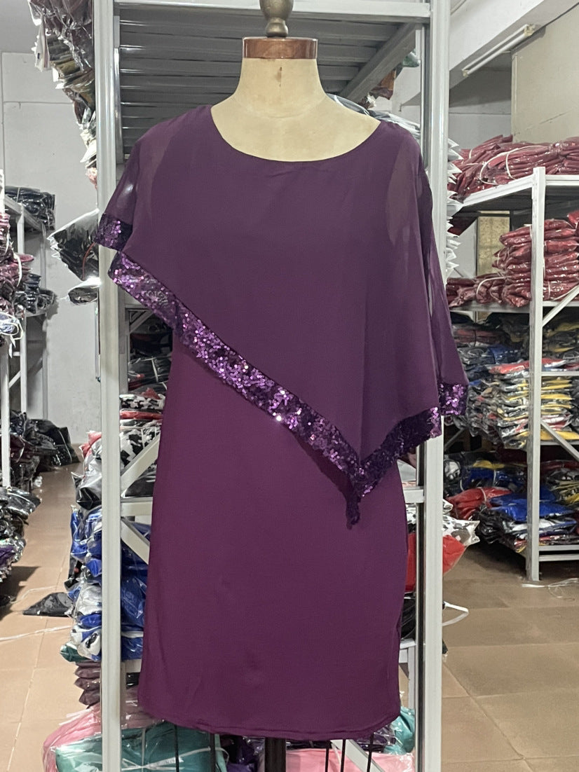 Robe irrégulière à manches courtes et sequins grande taille pour femme