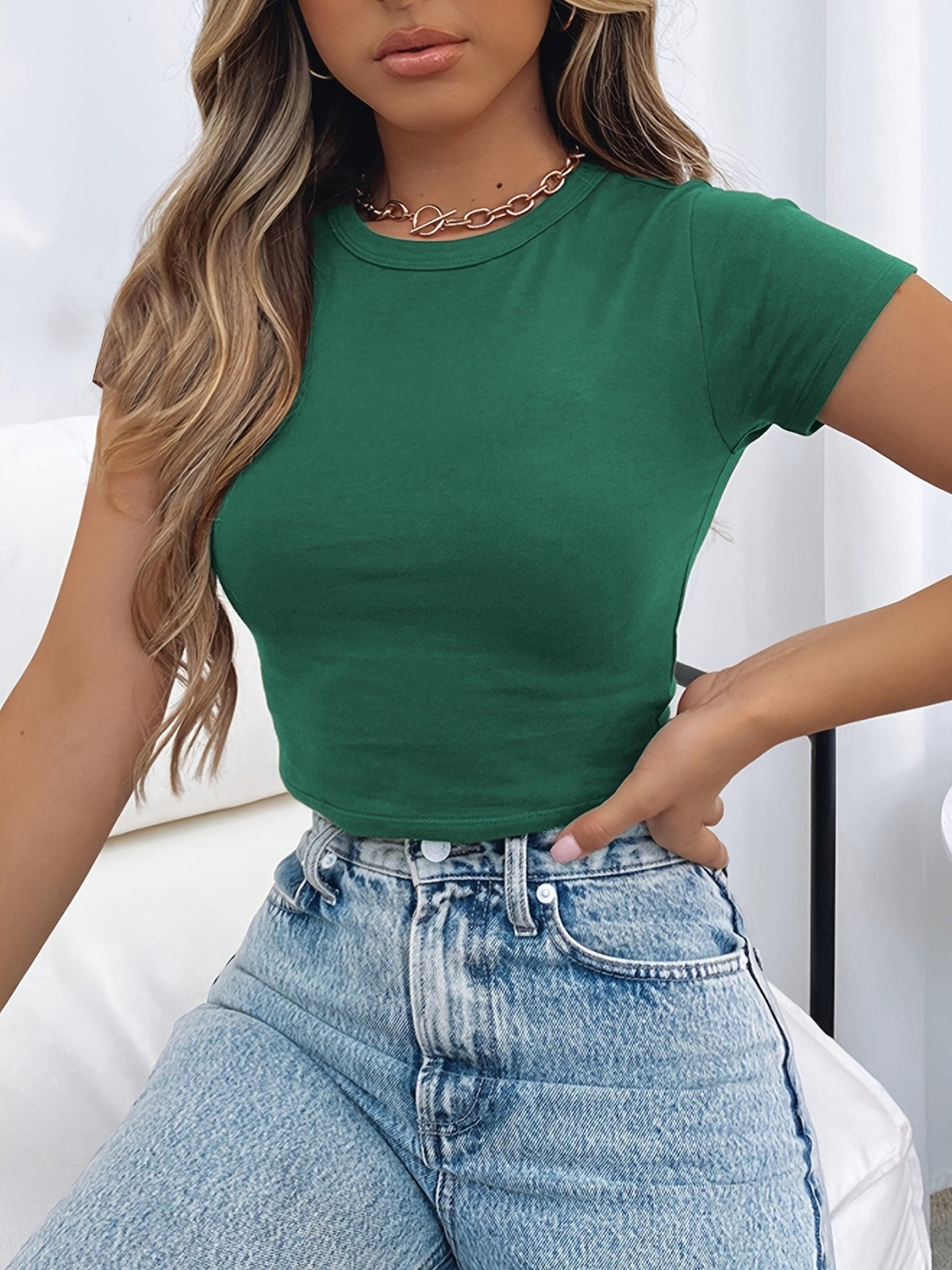 T-shirt d'été à manches courtes et col rond pour femme, couleur unie, à la mode