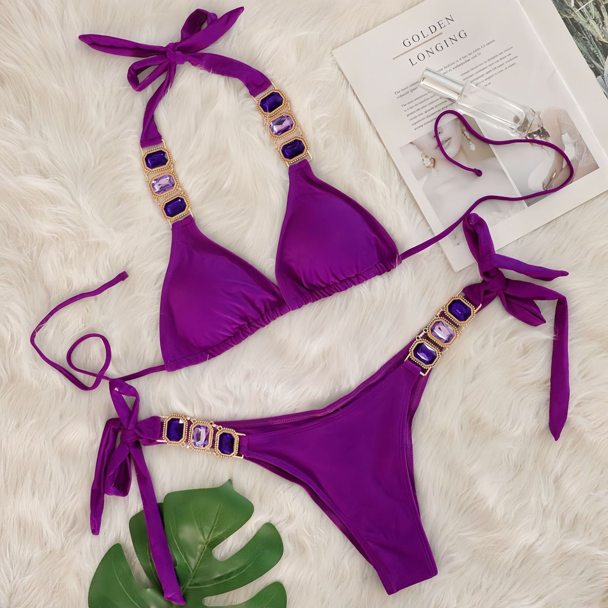 Bikini sexy con tirantes de diamantes de imitación de color sólido para mujer
