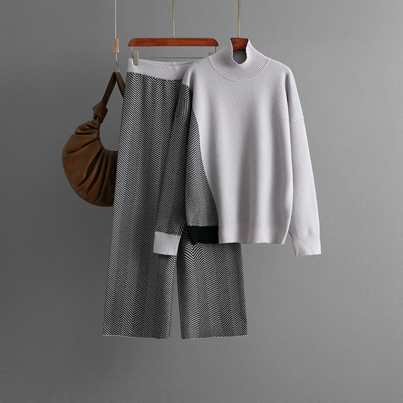 Conjunto de punto con pantalones anchos en contraste de color para mujer