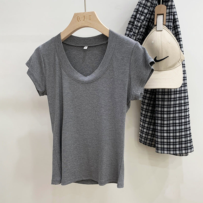 Camiseta sencilla de manga corta con cuello en U y hilo de color liso para mujer