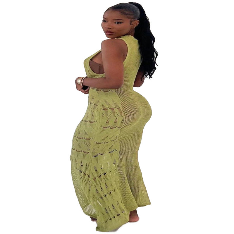 Women Vacation Sexy Hollow Mesh Knitted Long Dress