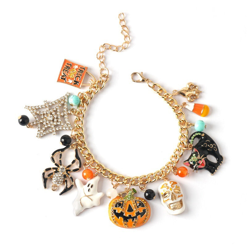 Bracelet d'Halloween avec pendentif en diamant, araignée, fantôme, citrouille, crâne