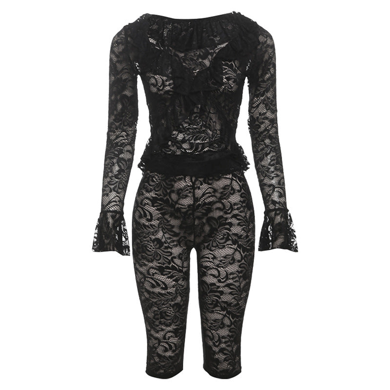 Women Fashion Long Sleeve Lace Perspective Top and Tight Shorts Two-Piece Set