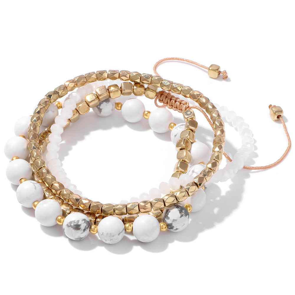 Conjunto de pulseras de cuentas doradas con piedra de pino estilo bohemio para mujer