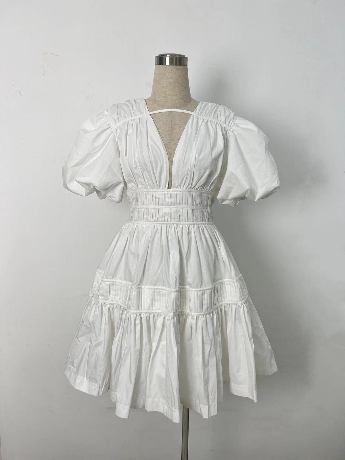 Women Fashion Elegant Solid Color V-Neck Puff Sleeve Dress