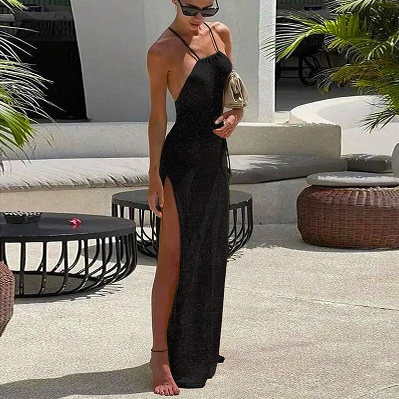 Women Fashion Sexy Solid Color Knitted Halter Dress
