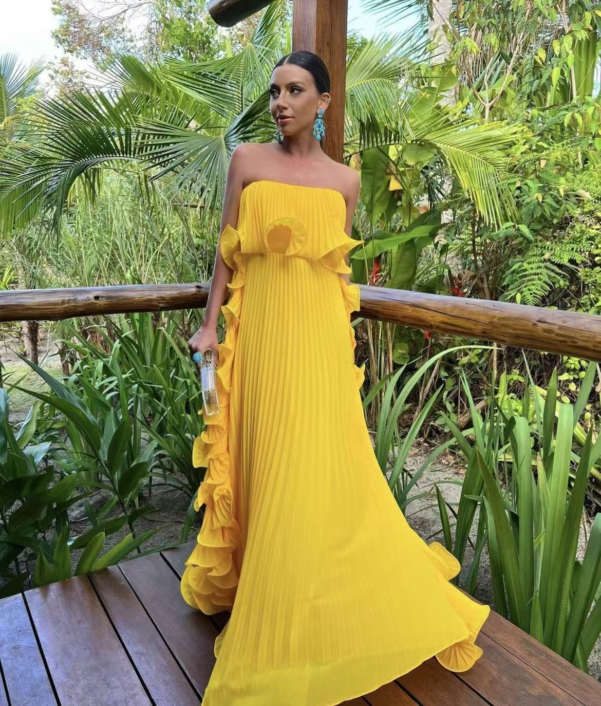 Women's Solid Color Tube Top Pleated Maxi Dress