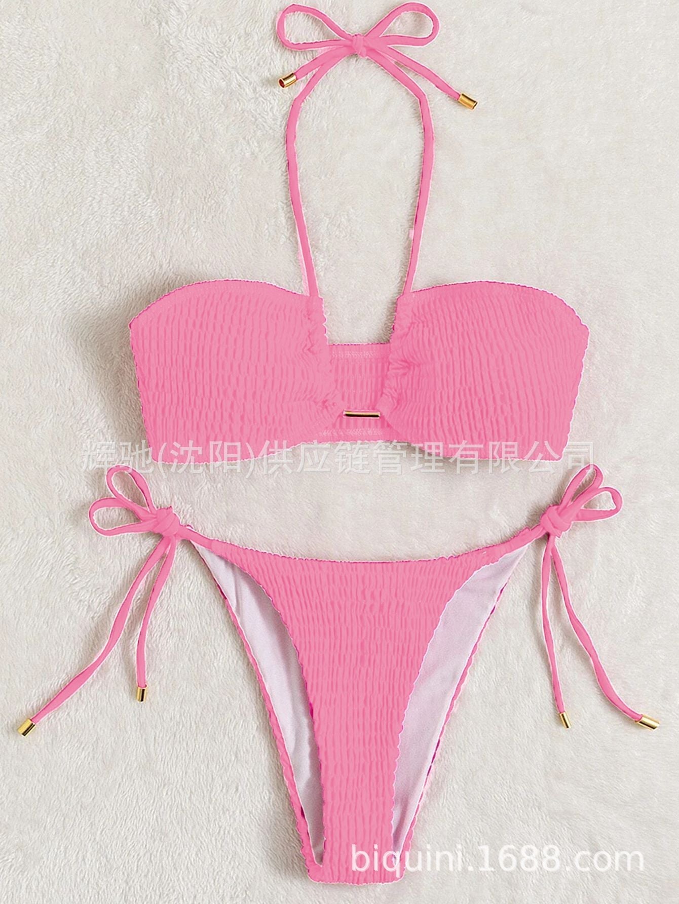 Summer Vacation Bikini Pleated Halter Neck Set