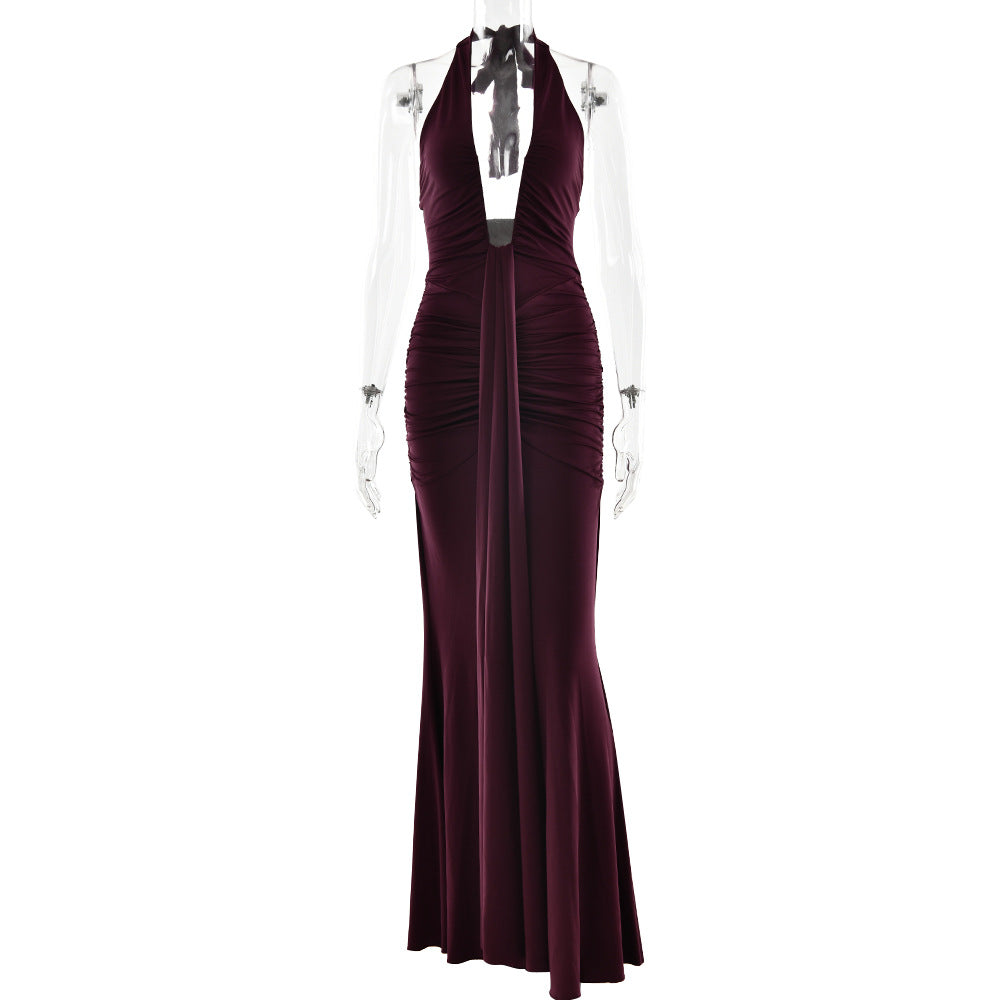 Robe sexy à col licou de couleur unie pour femme