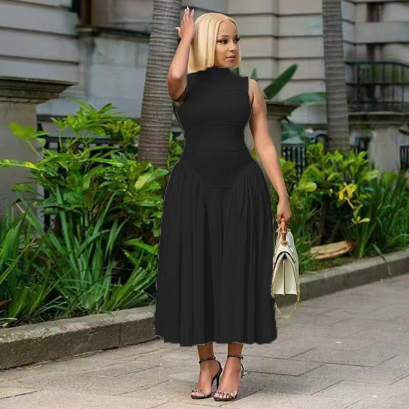 Women Fashion Elegant Solid Color Pleated Dress
