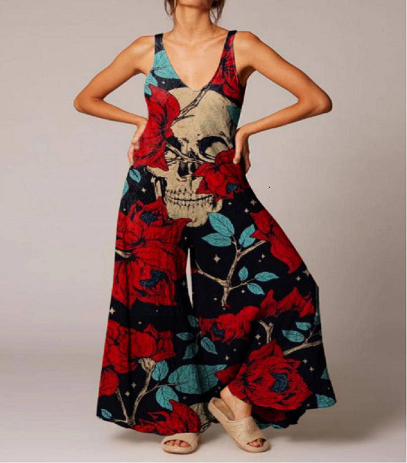 Combinaison vintage décontractée à imprimé tête de mort pour femme, style Halloween
