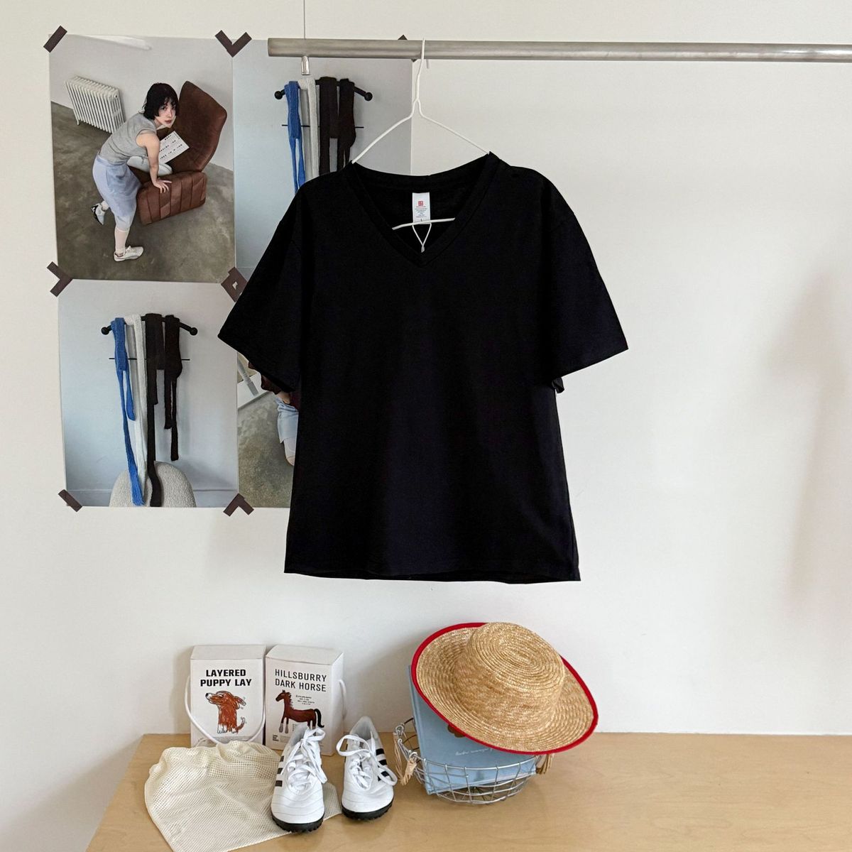 T-shirt décontracté à col en V en coton de couleur unie pour femme