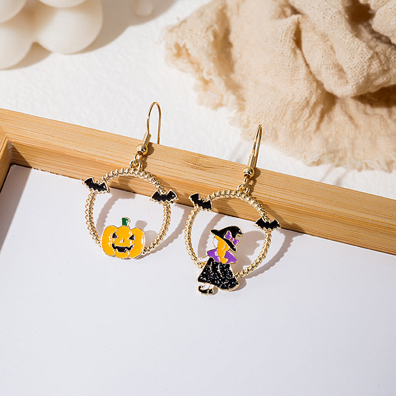 Pendientes de borlas de calabaza y bruja de Halloween de aleación sencilla a la moda para mujer