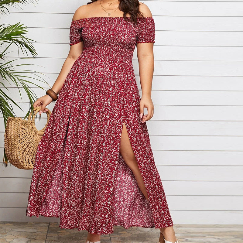 Women Fashion Casual Plus Size Floral Print Off-Shoulder Dress