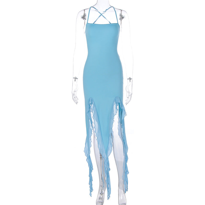 Vestido sexy de malla con volantes irregulares para mujer