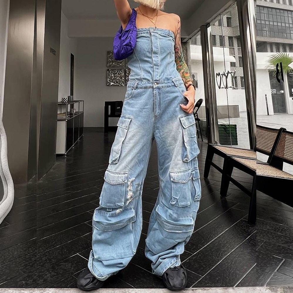Fashion Street Women Strapless Multi-Pocket Denim Jumpsuit