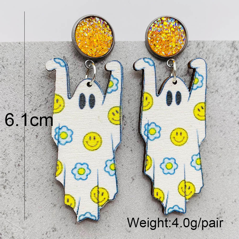 Halloween Women Fashion Retro Ghost Pulley Wooden Earrings