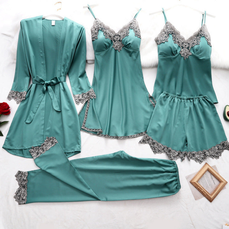 Women Elegant Edgy Color Blocking Casual Satin Pajamas Set