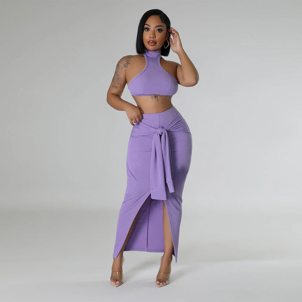Conjunto de top corto sin mangas de color sólido sexy a la moda para mujer