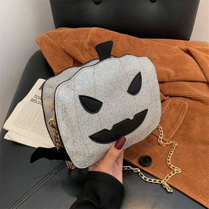 Bolso bandolera de un solo hombro con cadena y diseño de calabaza y lentejuelas de Halloween