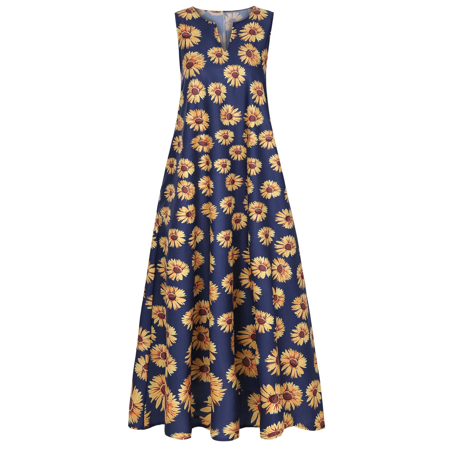 Vestido largo bohemio con estampado de girasoles para mujer, sin mangas, informal, con cuello en V