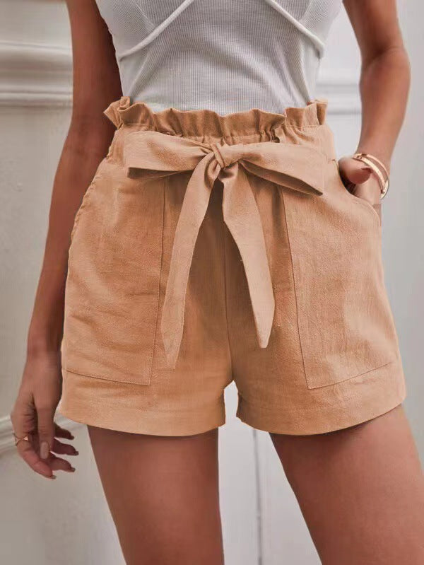 Pantalones cortos casuales de lino sueltos de cintura alta para mujer