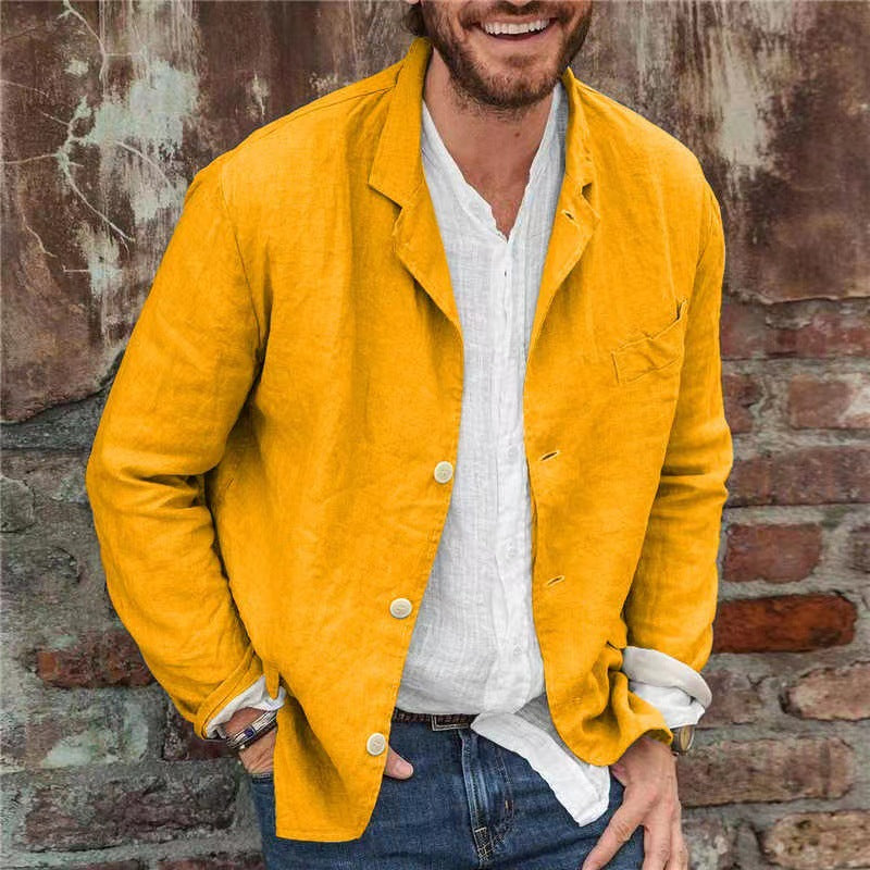 Men Fashion Casual Solid Color Linen Long Sleeve Blazer