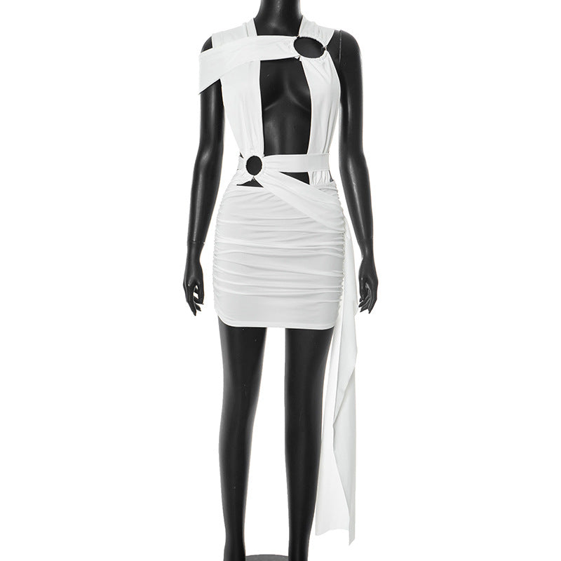 Women Fashion Short Sleeveless Dress with Irregular Cross Hollow-Out Design