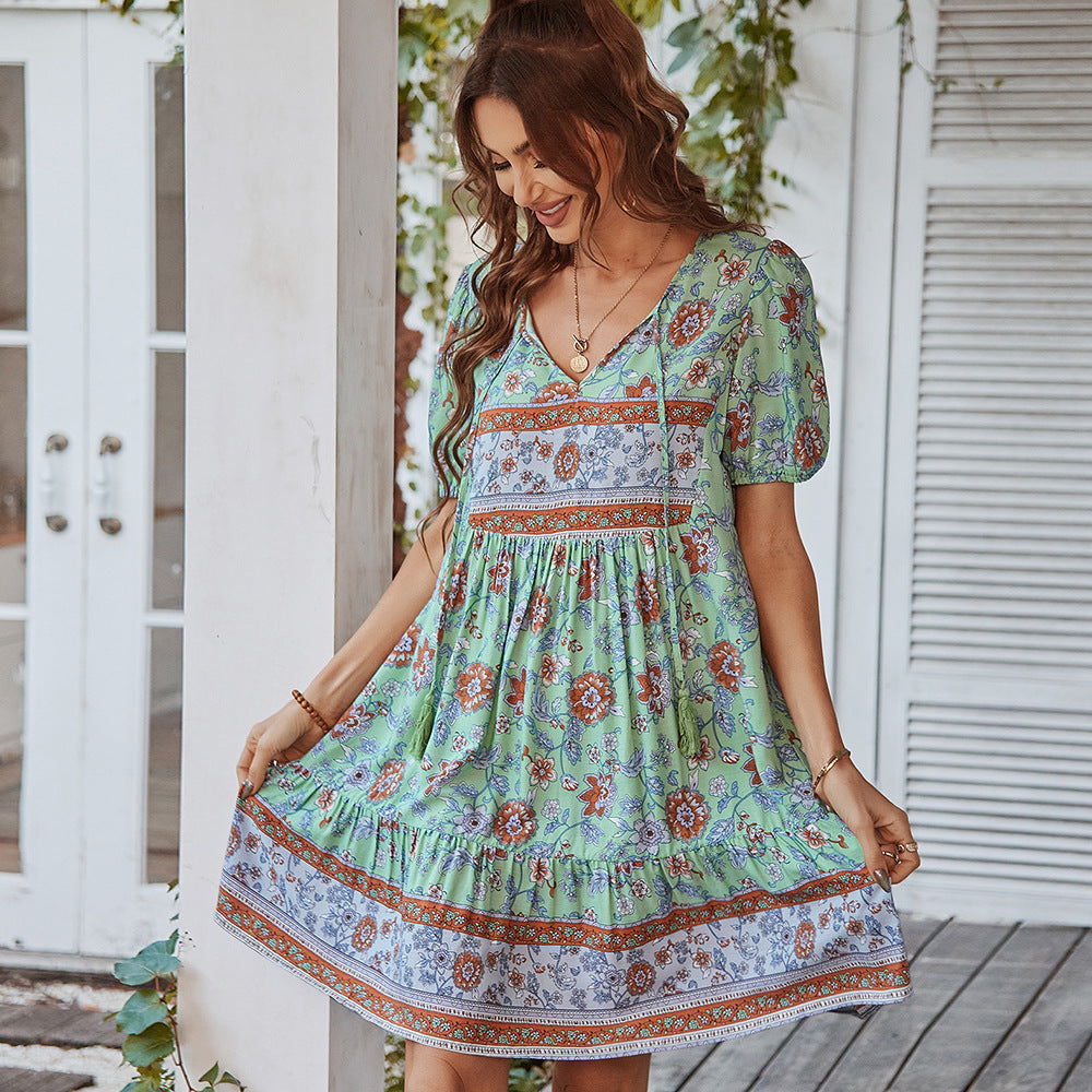 Vestido elegante bohemio de verano con estampado floral para mujer