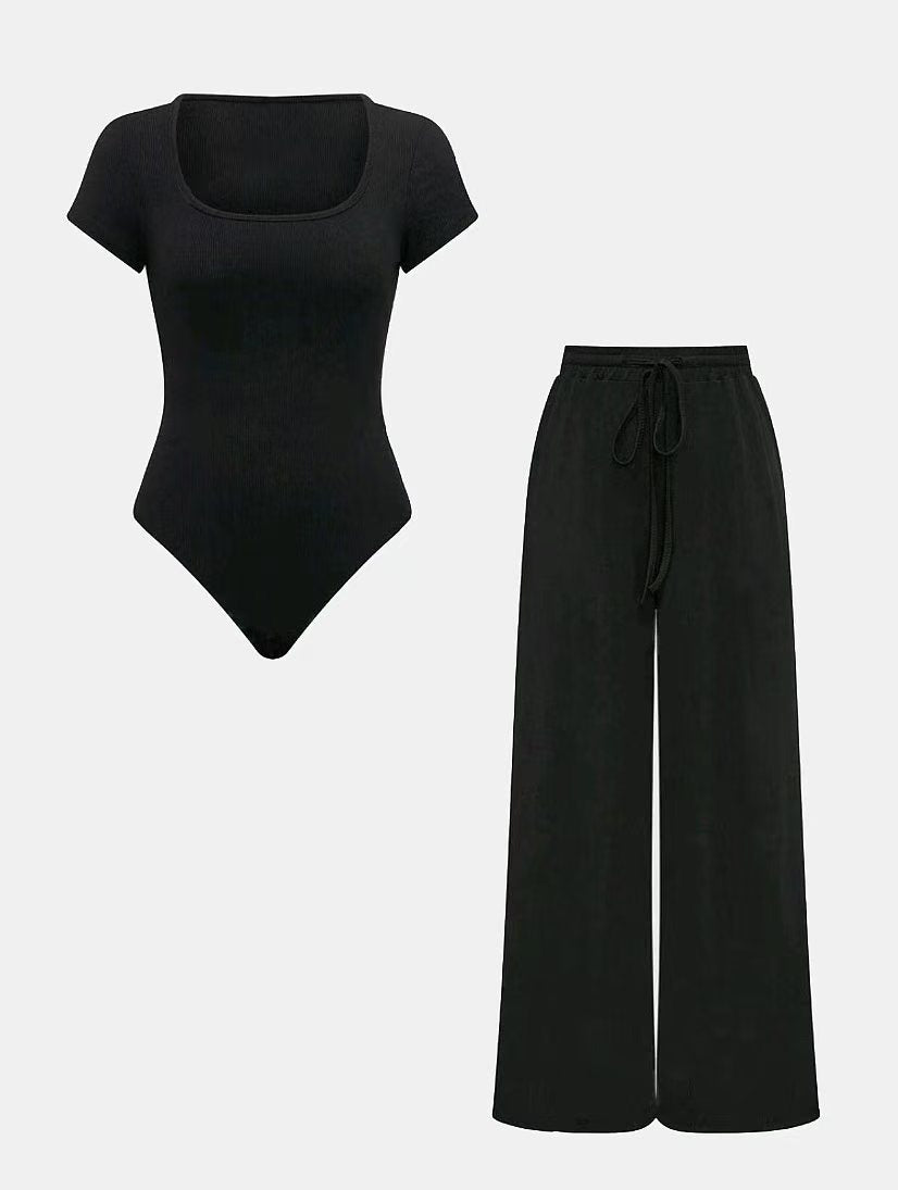 Women’s Solid Color Rib-Knit Bodysuit Pants Set