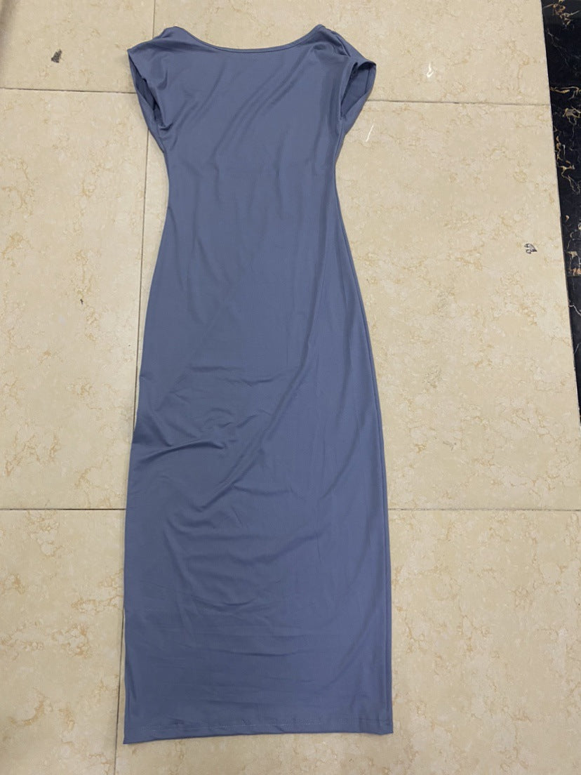 Robe moulante dos nu à manches courtes et col rond pour femme