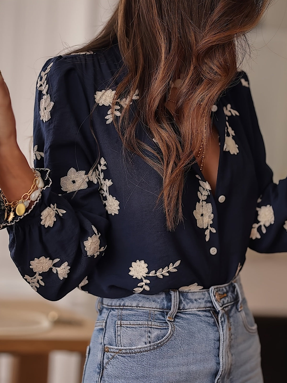 Women Long Sleeve Embroidered Floral Shirt with Lantern Sleeves