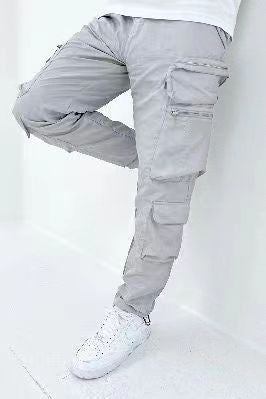 Men Fashion Casual Solid Color Multi-Pocket Slim Fit Pants