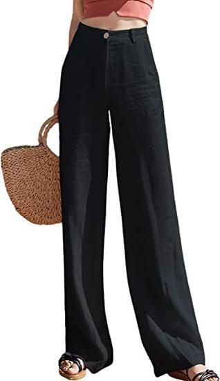 Pantalones casuales de algodón y lino de color liso para mujer, pierna ancha y cintura alta