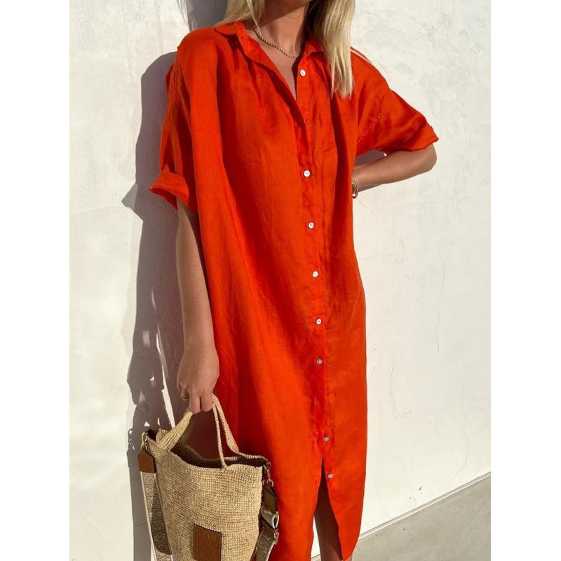 Robe décontractée en coton et lin à manches courtes pour femme avec poche et revers