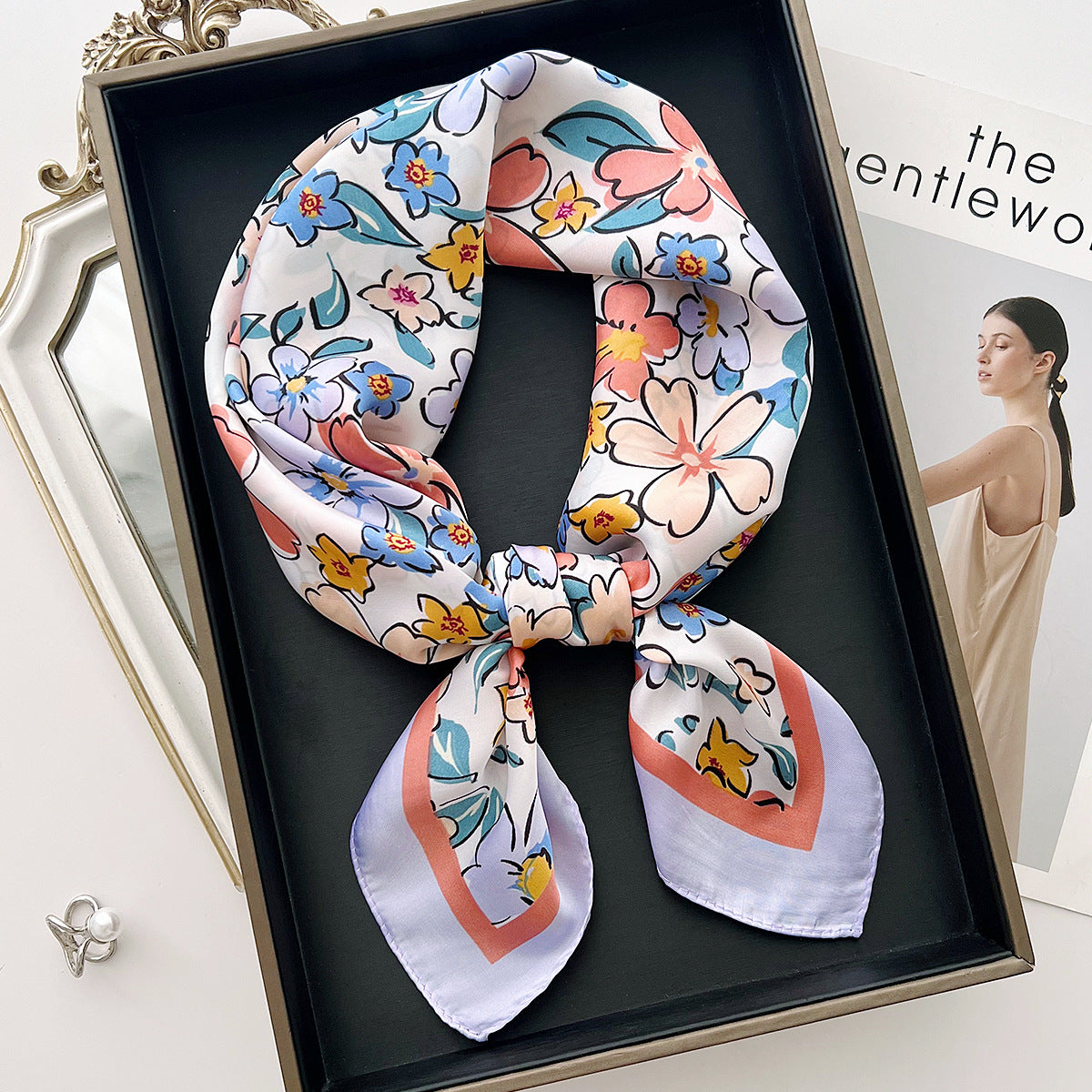 Women Fashion Floral Printed Small Square Silk Scarf