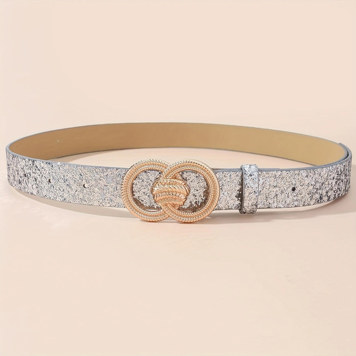 Women Fashion Sequins Double-Ring Metal Buckle PU Belt