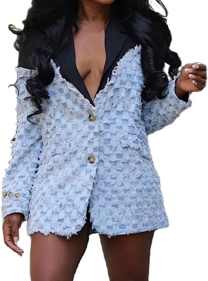 Chaqueta informal de jacquard con cuadros y empalme para mujer