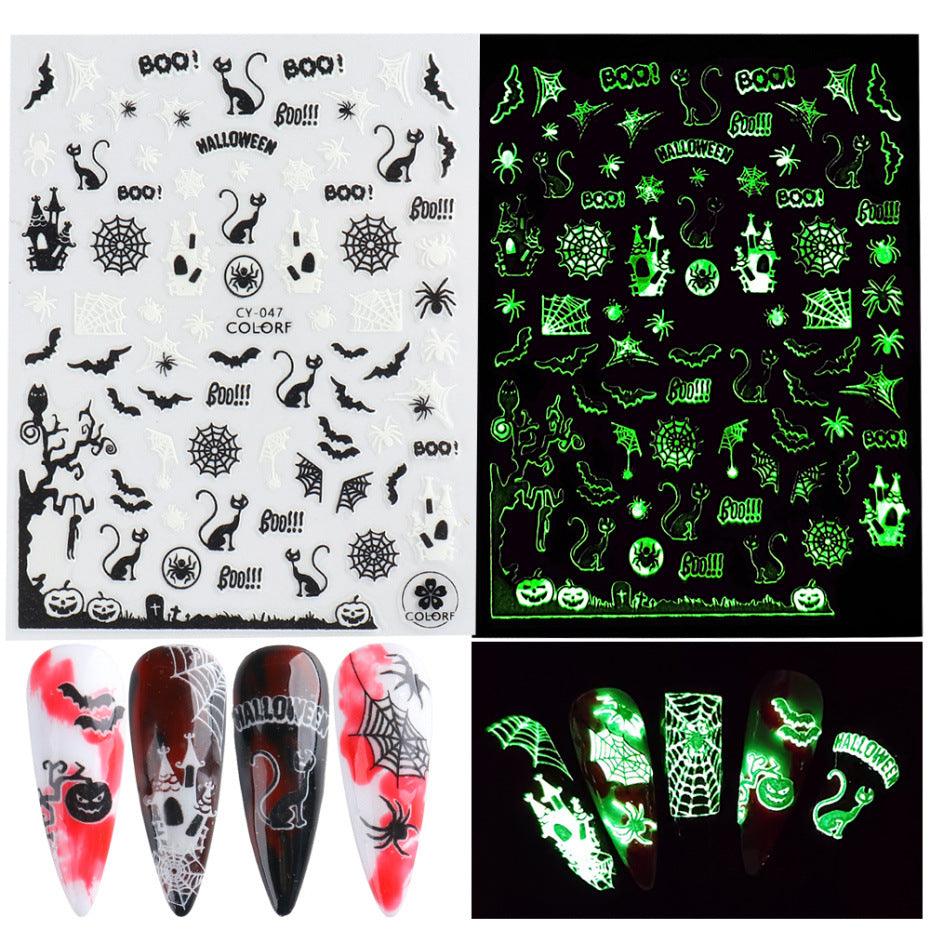 Autocollants pour ongles Halloween, squelette drôle, petit monstre 3D lumineux