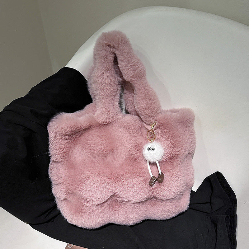 Women Fashion Casual Solid Color Plush Tote Bag