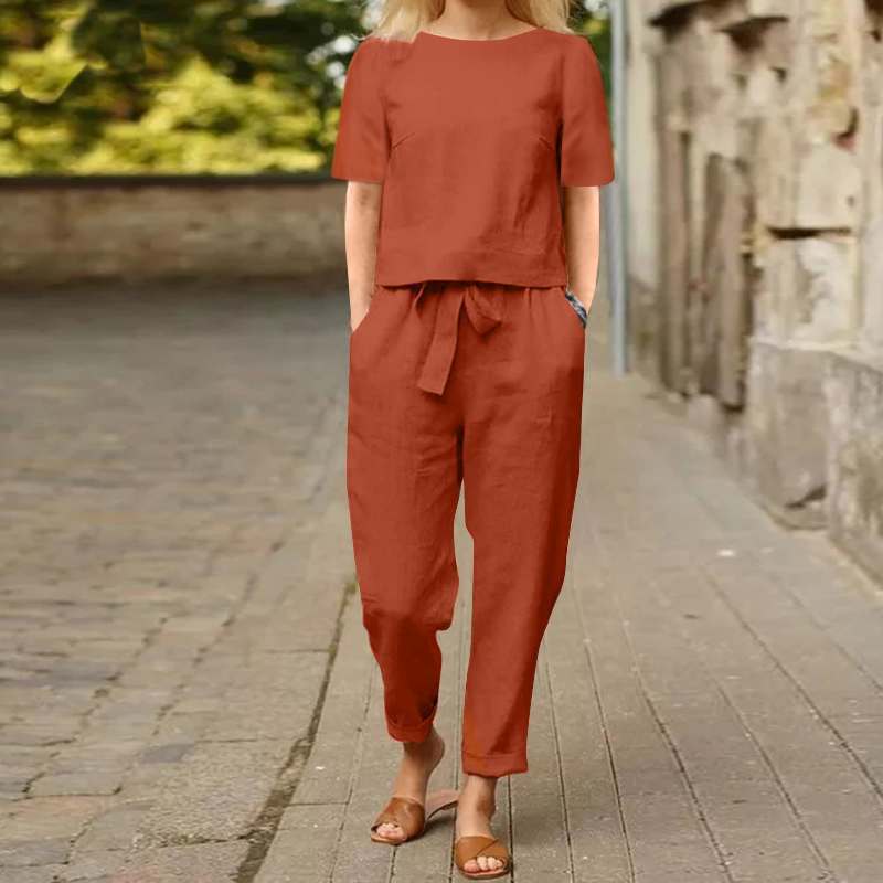 Women Casual Solid Color Cotton And Linen Pants Set