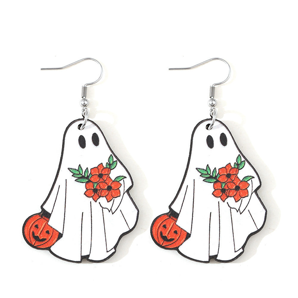 Halloween Women Double-Sided Wooden Earrings with Cartoon Creatures
